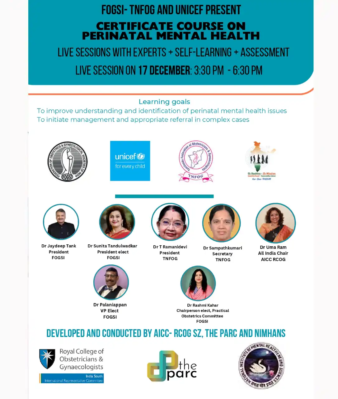 FOGSI- TNFOG and UNICEF Present CERTIFICATE COURSE ON PERINATAL MENTAL HEALTH