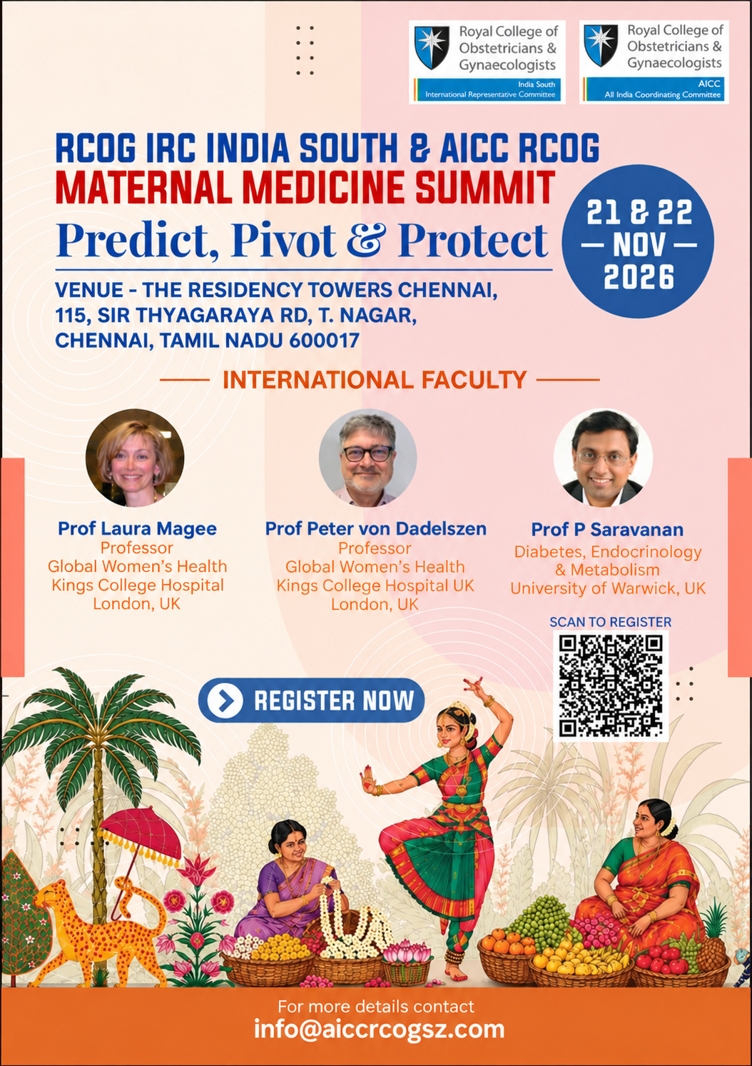 RCOG IRC India South and AICC RCOG Maternal Medicine Summit flyer, 21 and 22 November 2026, The Residency Towers, Chennai